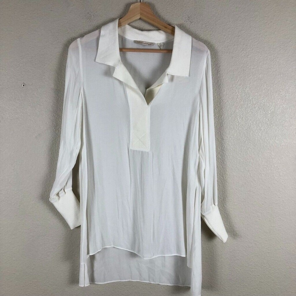 Soft Surroundings Shirt Women X Small White Sheer Knit Collar High Low Side Slit